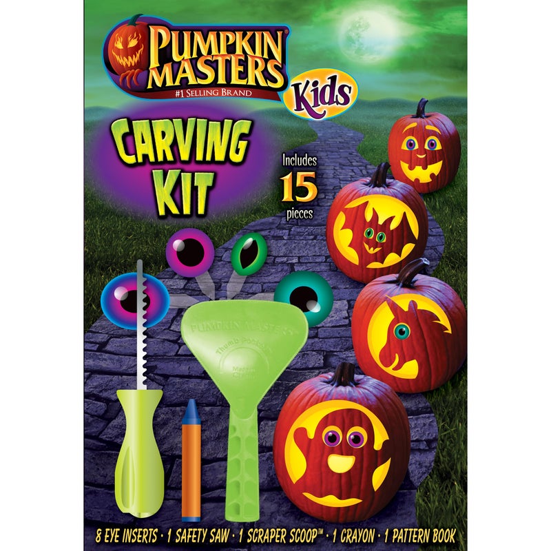 Pumpkin Masters Kid's Carving Kit for Halloween Pumpkin Carving, Includes Saftey Saw, Scoop, Crayon, and Pumpkin Push in Decorations - Image 2
